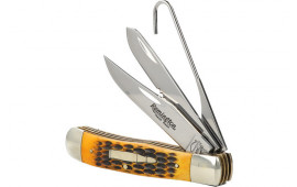 Remington R15696 Bullet Waterfowler Pocket Folding Clip Point/Gut Hook/Spey Gut Hook/Part Serrated/Plain Polished Carbon Steel Blade, Burnt Dark Amber Jigged Bone Handle