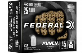Federal PD25P1 25 ACP 45 GR Punch Solid Point 20 Per Box 