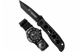 Smith & Wesson SWXTMOPS2 S&W Extreme Ops Combo 3.18" Folding Plain Black 420 Stainless Steel Blade, Black Handle, Watch w/Compass