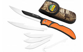 Outdoor Edge RBB20C RazorBone 6 Blades, Folding 3.40" Gut Hook/3.50" Drop Point/5" Fillet Satin/Black Oxide 420J2 SS Blades, Blaze Orange Textured Grivory w/TPR Inserts Handle