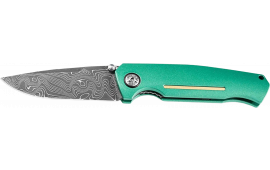 Boker 111102DAM 3.22" Drop Point Plain Damascus Blade Green Aluminum Handle