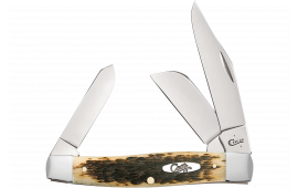 Case 00204 Stockman Large 3.30"/2.30"/2.20" Folding Clip Point/Pen/Sheepsfoot Plain Mirror Polished Carbon Steel Blade, Peach Seed Jigged Amber Bone Handle
