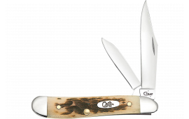 Case 00045 Peanut 2.10"/1.53" Folding Clip Point/Pen Plain Mirror Polished Tru-Sharp SS Blade, Peach Seed Jigged Amber Jigged Bone Handle