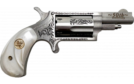 North American Arms 50th Anniversary Mini-Revolver NAA-22M-50 Pistol .22 WMR 1.63" 5rd SA Engraved Stainless, White Pearl Grip.