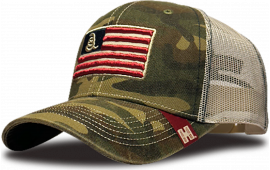 Hornady Trucker Cap Camo Gadsden Flag Patch, Adjustable Velcro Closure, 6 Panel Construction