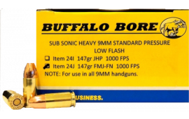 Buffalo Bore Ammunition 24J/20 9mm 9mm Luger 147 GR Full Metal Jacket Flat Nose - 20rd Box