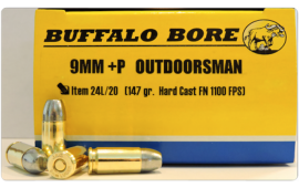 Buffalo Bore Ammunition 24L/20 Outdoorsman 9mm Luger +P 147 GR Hard Cast Flat Nose - 20rd Box