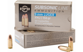 PPU PPS9MM Subsonic 9mm Luger 158 GR Full Metal Jacket - 50rd Box