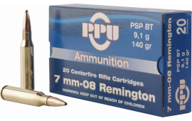 PPU PP708 Metric Rifle 7mm-08 Remington 140 GR Pointed Soft Point Boat Tail - 20rd Box