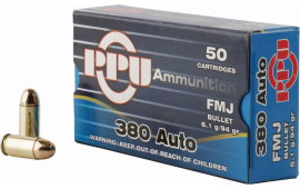 PPU PPH380AF Handgun 380 ACP 94 GR Full Metal Jacket - 50rd Box