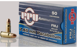 PPU PPH765P Handgun 7.65 Parabellum 93 GR Full Metal Jacket - 50rd Box