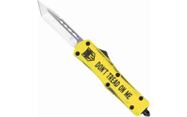 CobraTec Knives MDTOMFS-3TNS Don't Tread on Me Medium 3" OTF Tanto Plain D2 Steel Blade Yellow Cerakoted Aluminum w/"Don't Tread On Me" Engraving Handle Features Glass Breaker