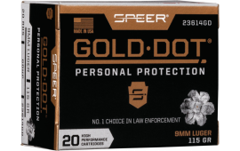 Speer Ammo 23614GD Gold Dot Personal Protection 9mm Luger 115 gr Hollow Point (HP) - 20rd Box