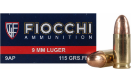 Fiocchi Pistol Ammunition 9AP, 9mm, Full Metal Jacket (FMJ), 115 GR, 1200 fps, 50 Rds / Box