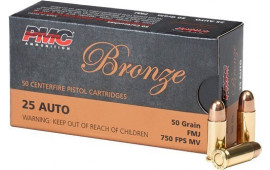 PMC 25A Bronze 25ACP Target Ammunition 50 GR FMJ, Brass Cased - 50 Round