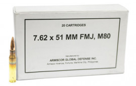 Armscor A50319 Rifle Ammo 7.62x51 (NATO), 147 Grain, M80 Ball, FMJ, Brass, Boxer, Non-Corrosive, Re-Loadable, 20 Rds / Box - 200 Round Case 