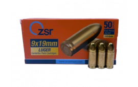 ZSR 9MM Ammunition, Brass Cased, Boxer Primed,Nato Spec, Reloadable, Non-Corrosive, 115 Grain FMJ - 50 Rd Box