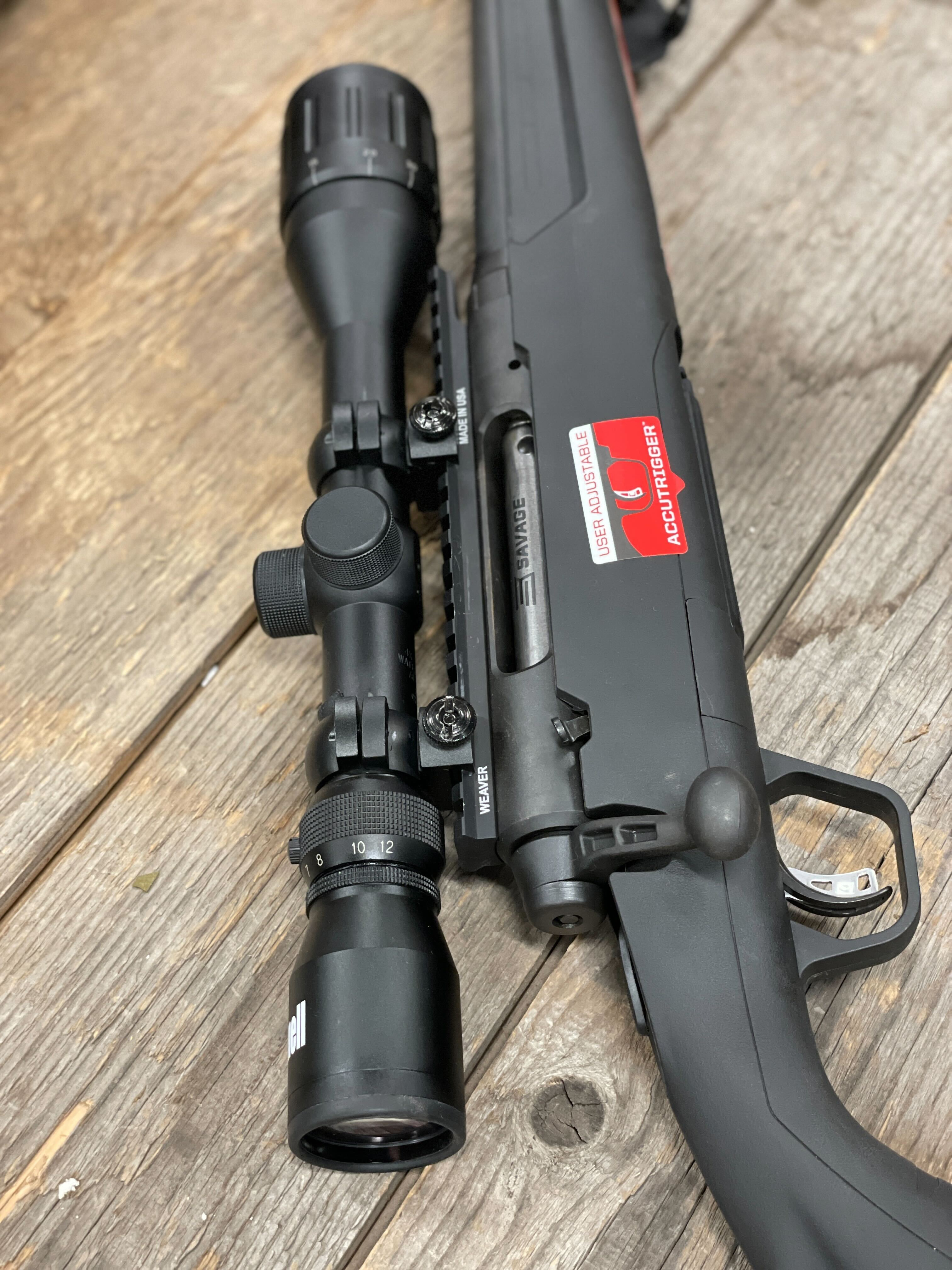 Closeup of the Bushnell Banner 4x12x40mm scope on the Savage Axis II XP